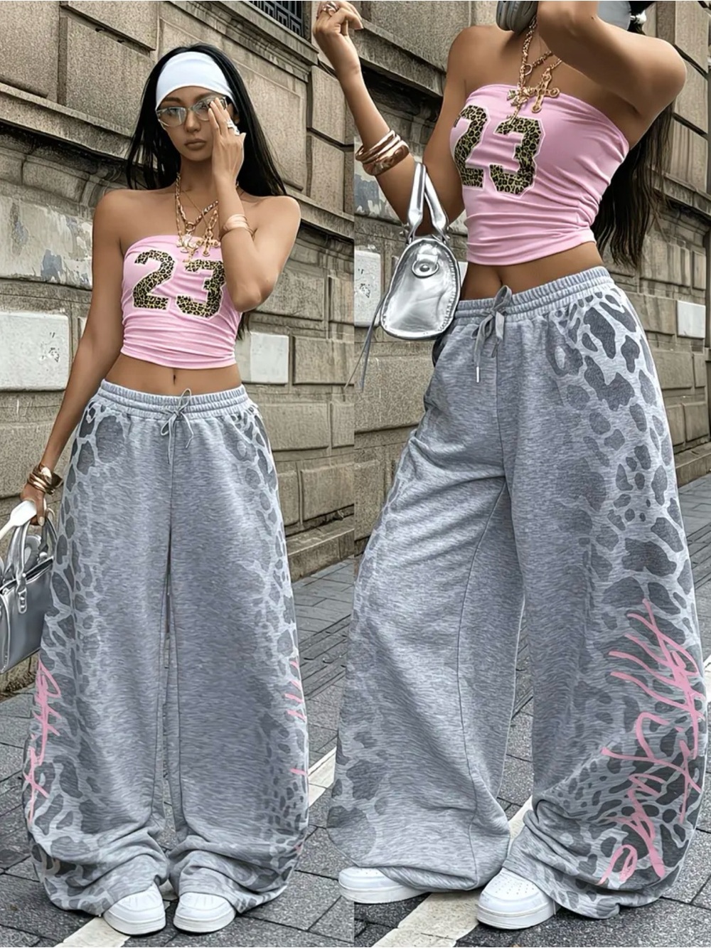 Wide-Leg Gray Leopard Print Sweatpants with Pink Accent - Picture 3 of 4